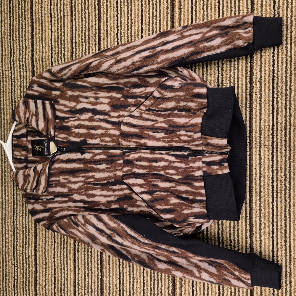 BROWNING Camo Polyester Fleece Brown Beige Mens Sz M Full Zip Hunting Jacket VTG